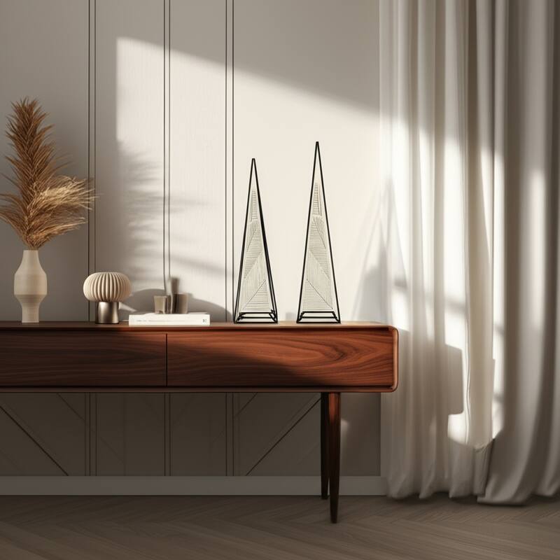 Iron Wood Pyramid Sculpture Geometric Design (Set of 2) - 26/21" Multi - 7" x 7" x 26"