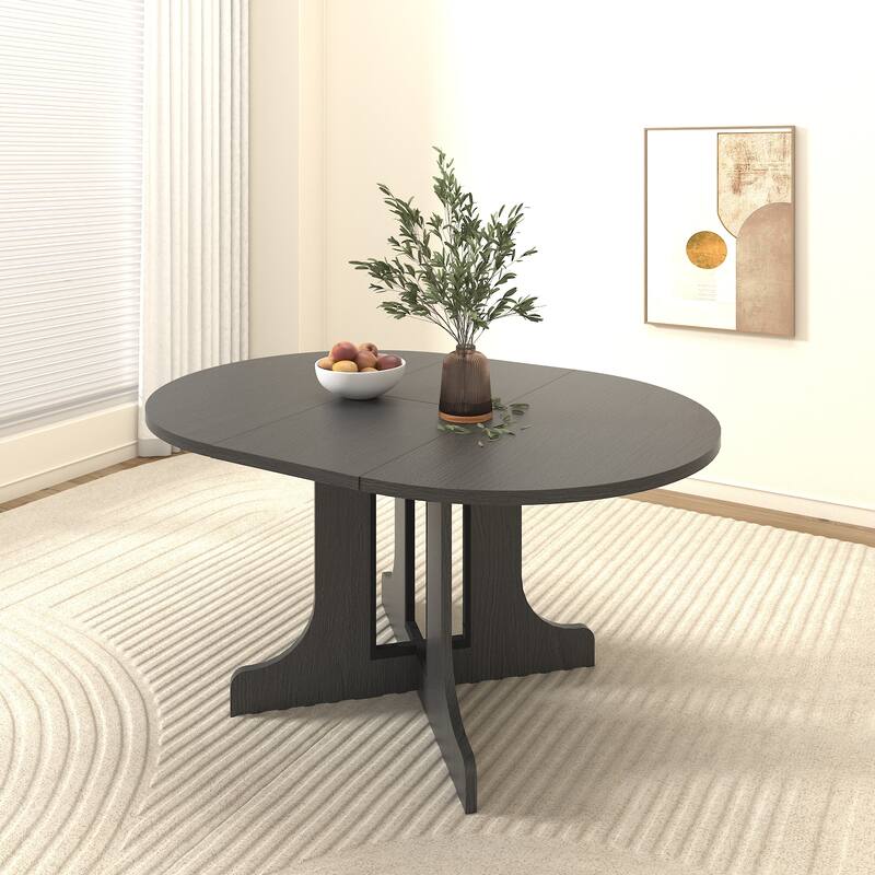 Dining Table for Farmhouse Kitchen 59x43 Inch Expandable Oval Table Top with Removable Leaf Trestle X Shaped Base Black