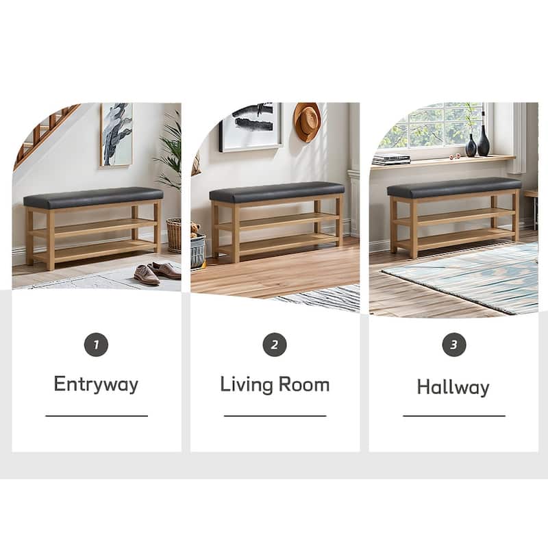 HUIMO Multi-Functional Solid Wood Bench with Storage Shelves 46in/39in/31in