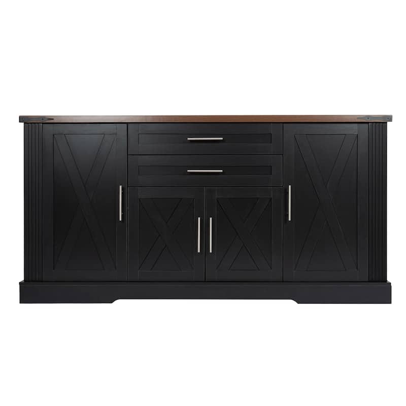63" Barn Door Storage Cabinet with 2 Drawers & Door Rack, Large Buffet Table Coffee Bar Cabinets with Adjustable Shelves