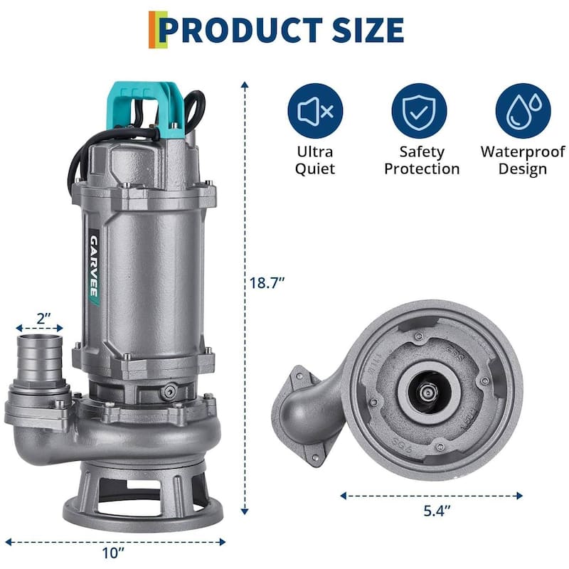 110V 1HP 6600GPH Cast Iron Sewage Effluent Pump for Basement Septic Residential-Sewage - N/A