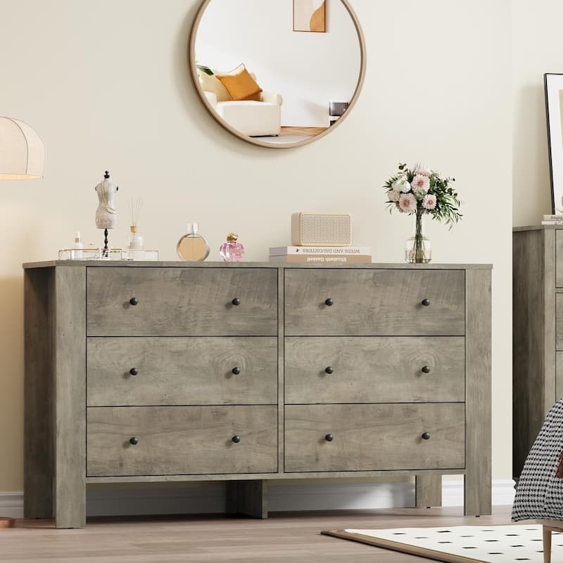 Modern Wooden Double 6 Drawer Dresser for Bedroom - Grey