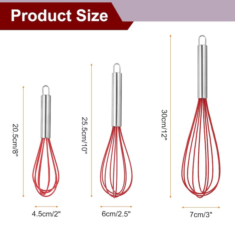 3Pcs Silicone Whisk 8" 10" 12" Kitchen Whisk Wire Whisks Beater - Red