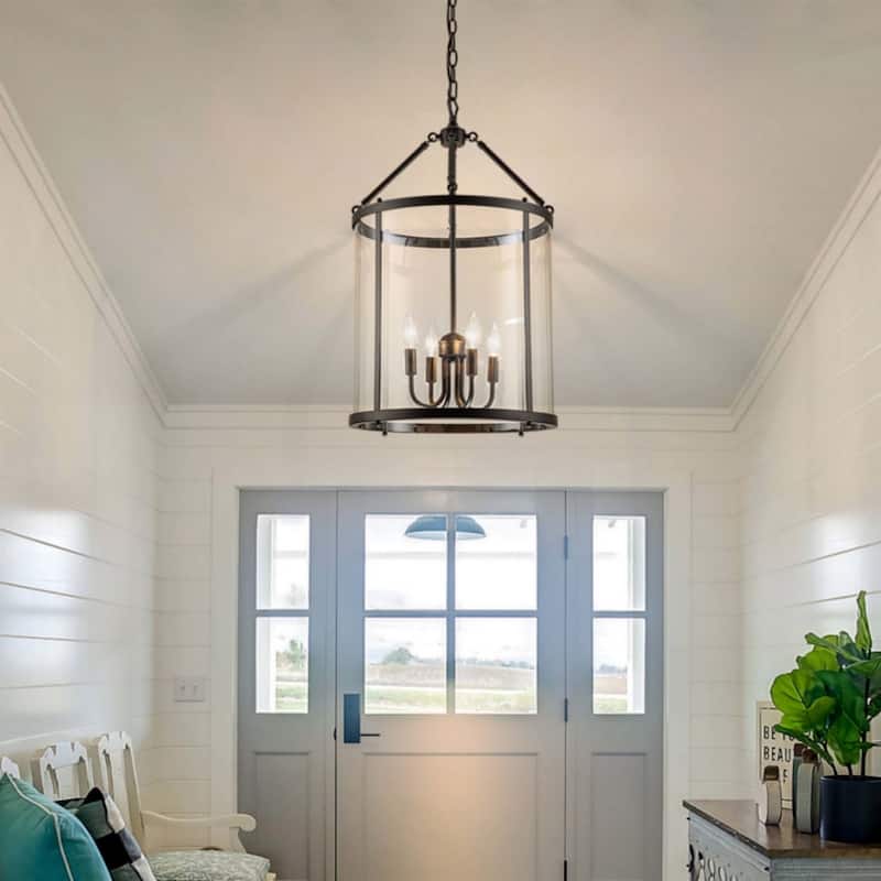 4 - Light Farmhouse Lantern Pendant Dimmable Glass Drum Chandelier for Kitchen Island Foyer - W 16"
