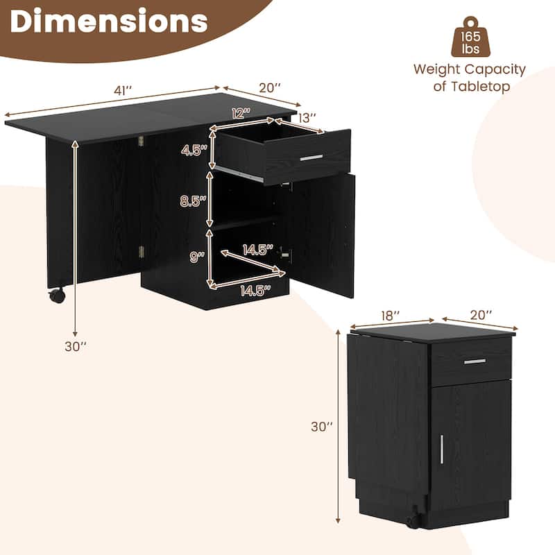 MDF Folding Computer Desk with Storage Cabinet, Drawer and Wheels