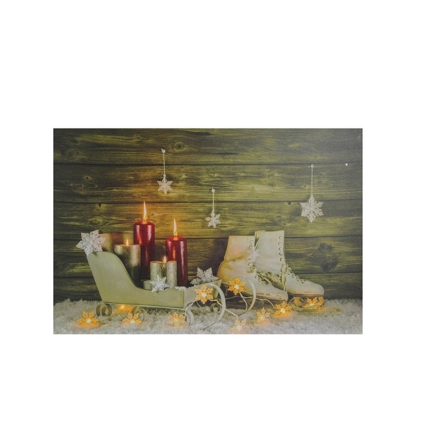 Small LED Lighted Candles, Ice Skates and Sleigh Christmas Canvas Wall Art 12" x 15.75" - N/A