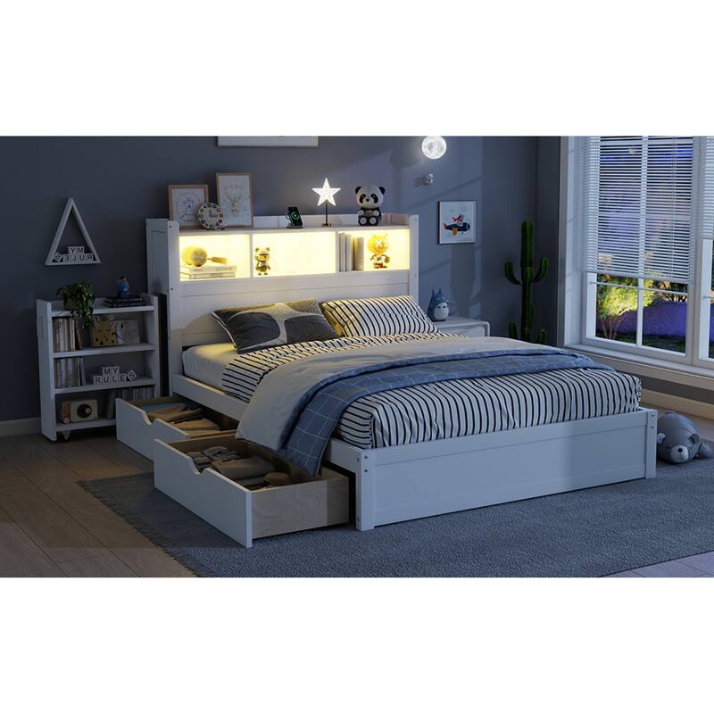 Roomfitters Twin/Full Platform Bed, LED Bookcase Headboard and Pull Out Storage Drawers with Wooden Frame for Bedrooms