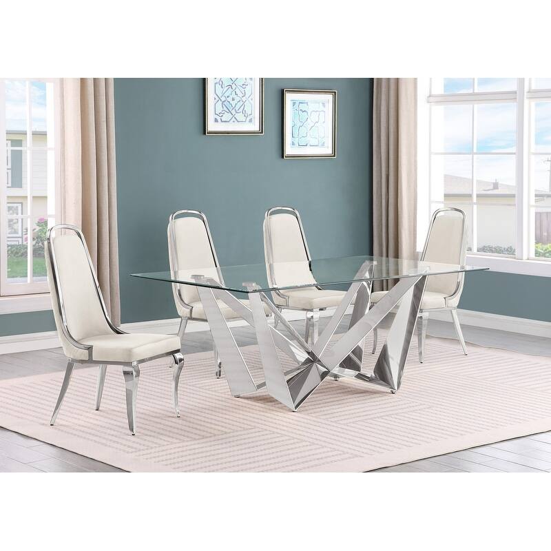 Best Quality Furniture D400/1-SC310-7 Dining Set with 78" 12mm Glass with Bevel - 5-Piece - Cream / Silver