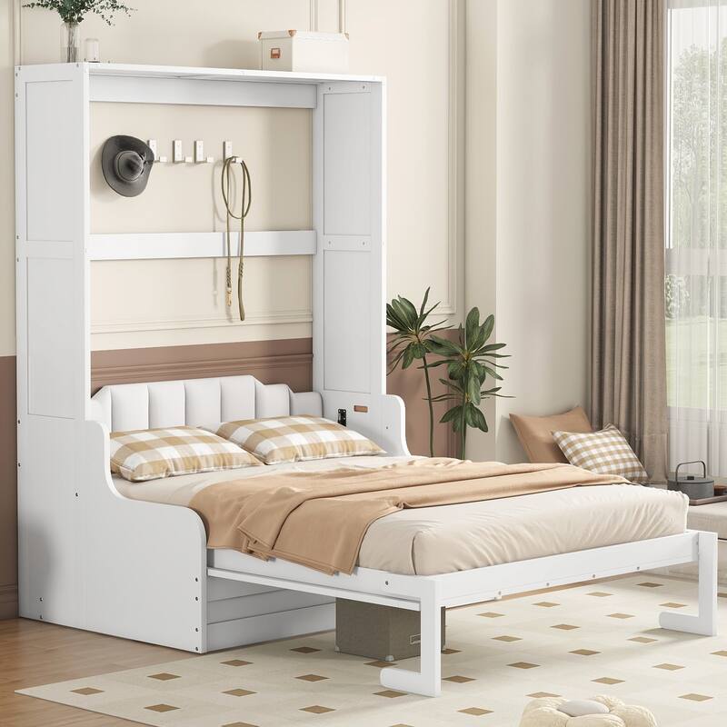 Queen Size Wall Bed with Cushion, Space-Saving Foldable Design - White