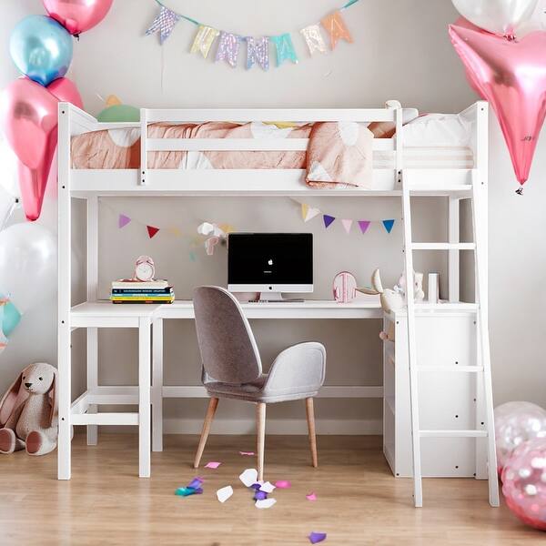 slide 2 of 52, Modern Twin Size Wooden Loft Bed With Shelves and Desk,Solid Construction White