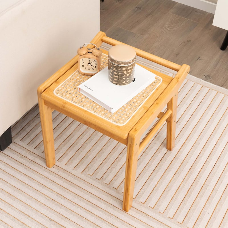 Bamboo Vanity Stool Rattan Top Ottoman Footrest Natural