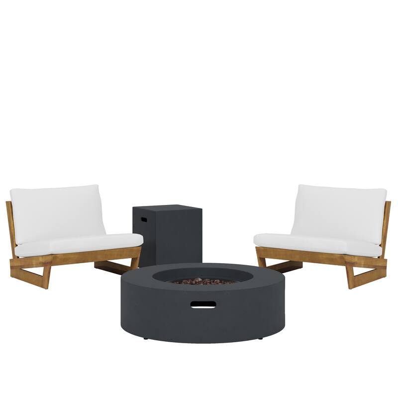 Sherwood Acacia Wood Outdoor Lounge Chairs and 50,000 BTU Circular Propane Fire Pit by Christopher Knight Home