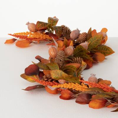 48" Sullivans Mixed Fall Leaf and Wheat Garland, Orange - 4'1.5"L x 6"W x 3"H