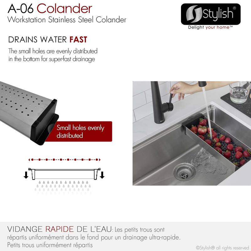 STYLISH Stainless Steel Over the Sink Colander with Non-slip Handle - External Size: 16 7/8" L x 5 1/2" W x 2 1/4" D