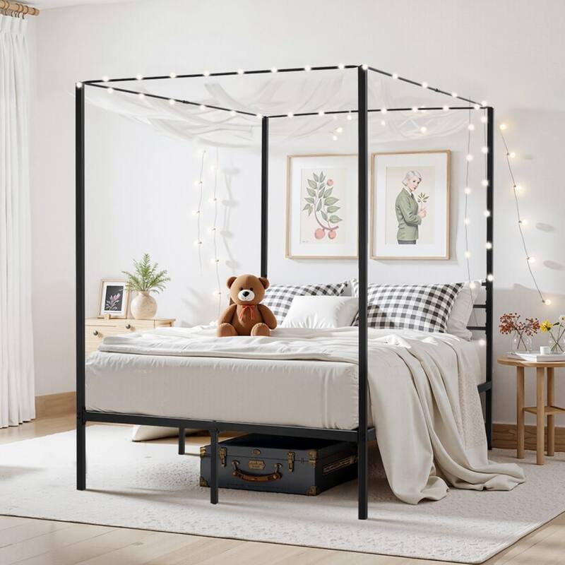 Modern Black Metal Canopy Bed Frame with 12.4 Inch Storage Clearance and Strong Weight Support