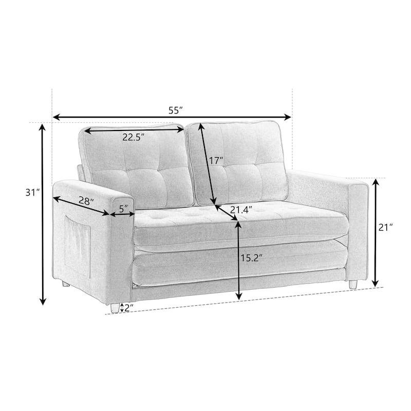 Velvet 55" Convertible 3-Fold Loveseat Sofa Bed: Pull-Out Feature, Side Storage Pocket