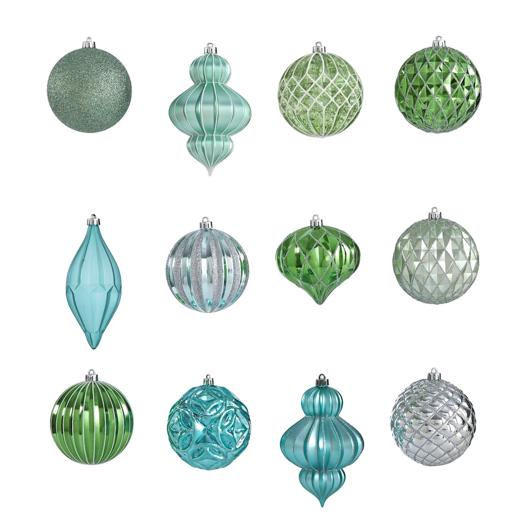 12ct Green Blue Silver Shatterproof 3-Finish Christmas Ornament 4"