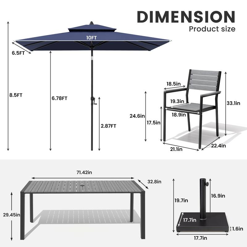 9/11-Piece Outdoor Patio Dining Set Aluminum Dining Table and Stackable Chairs w/10 ft Market Umbrella and Base