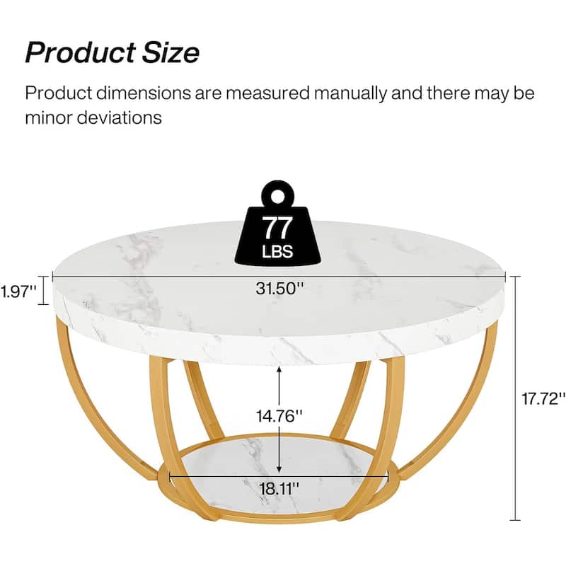 31.7" Round Coffee Table, Modern 2-Tier Center Table Sofa Side Table