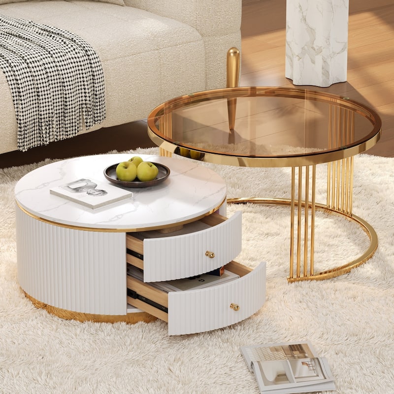 Modern 2 Pieces Round Nesting Coffee Table with Drawers and Brown Tempered Glass Top in 27.6"