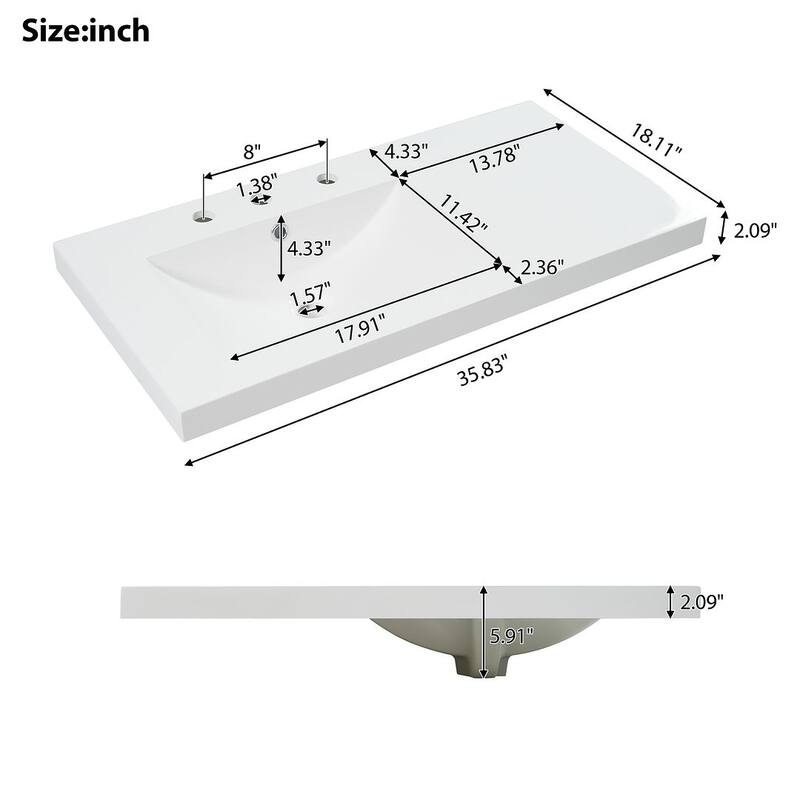 36" Bathroom Vanity Cabinet with Resin Integrated Sink - 2 Drawers, 3 Doors