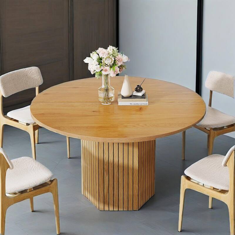 Oak Wood Round Dining Table with Hexagonal Fluted Pedestal Base - 47.25" x 47.25" x 29.5"