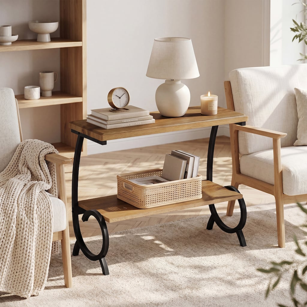 2-Tier End Table, Narrow Couch Side Table with J-Shaped Metal Legs