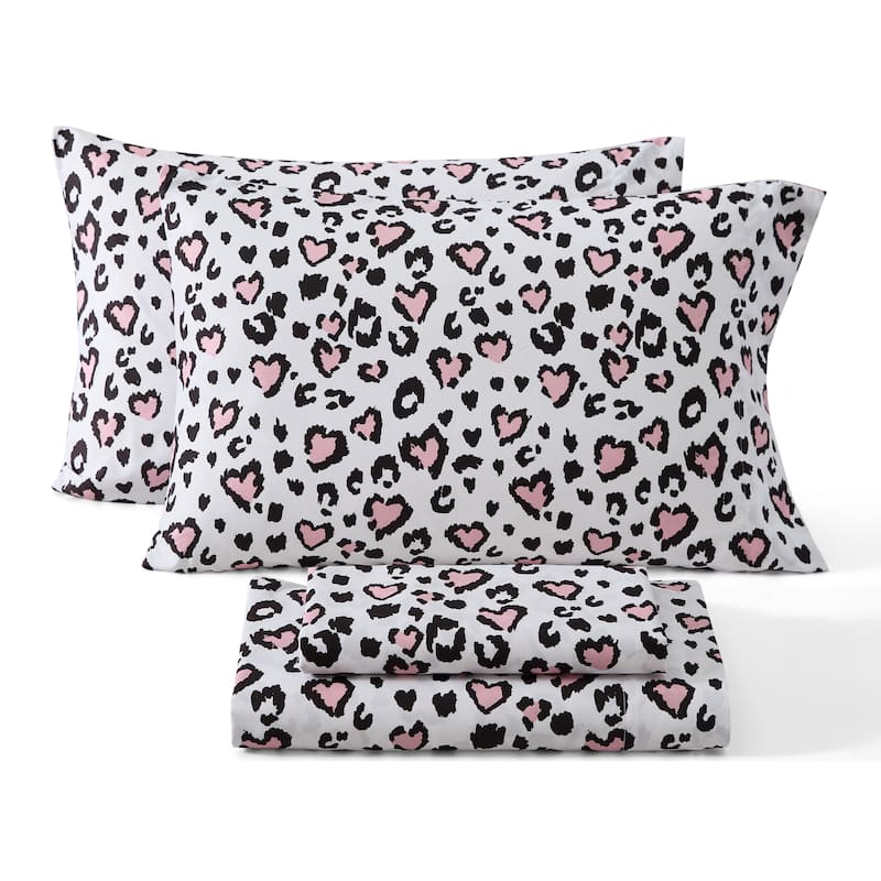 HLC.ME Printed Kids Bed Sheets - Patterned Bed Sheet Set - Wrinkle Resistant & Ultra Soft - For Mattresses up to 15 Inches Deep - Cheetah Heart - Full