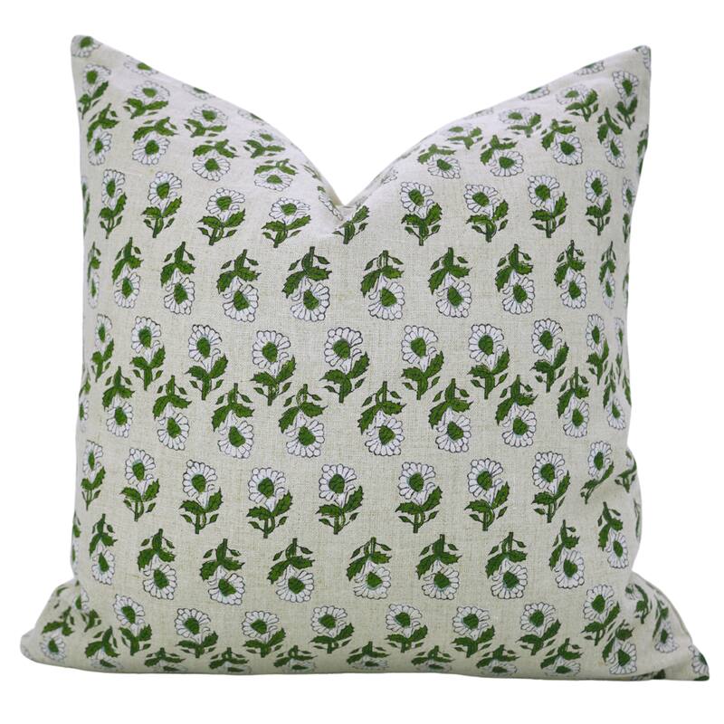 Fabdivine Handmade Boho Pure Linen Block Print Throw Home Décor Pillow Cover - Pillow Covers - 20" X 20" - White, Green