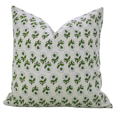 Fabdivine Soft Pure Linen Boho Floral Handmade White Cushion Cover 24x24 Inch Rustic Farmhouse Bed or Couch Décor, Ashok