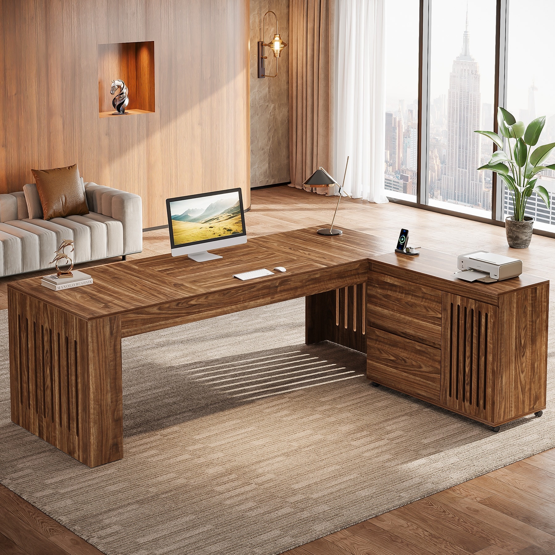 L-Shaped Executive Desk, Wooden Computer Desk with Mobile File Cabinet for Home Office