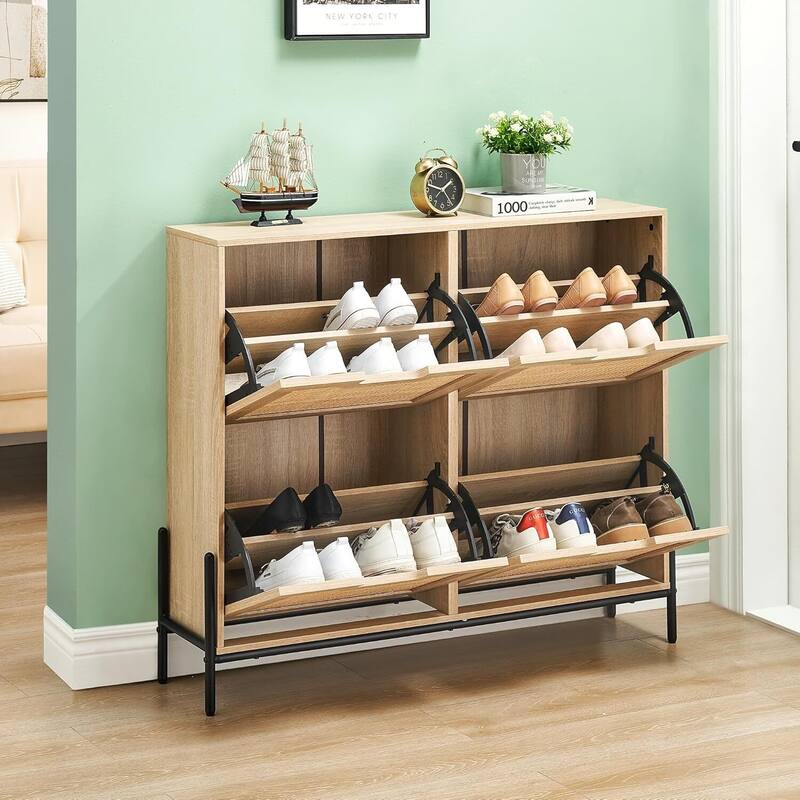 4-Door Freestanding Rattan Shoe Cabinet Organizer with Adjustable Shelves - Beige
