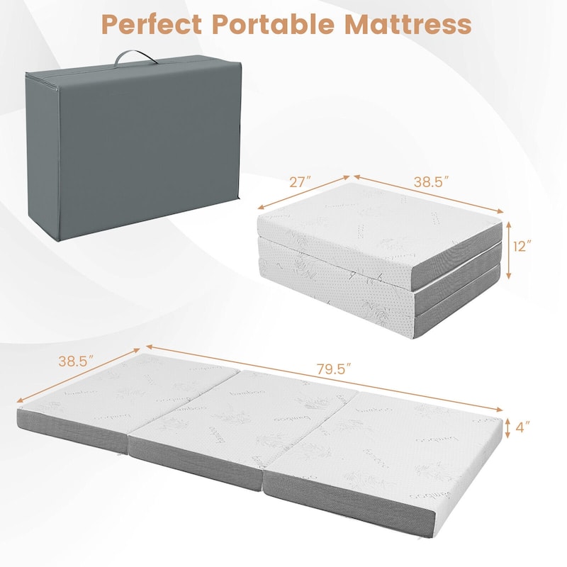 4-Inch White Grey Tri-Fold Design Memory Foam Mattress with Cooling Gel for Home or Travel