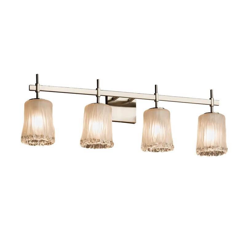 Justice Design Veneto Luce Union 4-light Brushed Nickel Bath Bar, White Frosted Cylinder - Rippled Rim Shade - Brushed Nickel