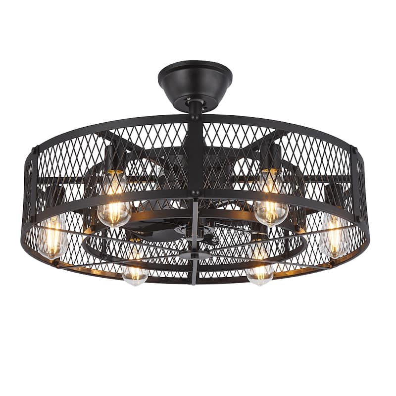 20-26" Caged outdoor Ceiling Fan with Light: Remote App Control-Farmhouse Fandelier Flush Mount Fixture Reversible 6 Speed Timer - Black - 26in
