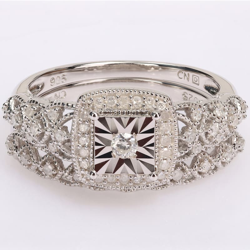 Miadora 1/3ct TDW Diamond Cushion Halo Bridal Ring Set in Sterling Silver