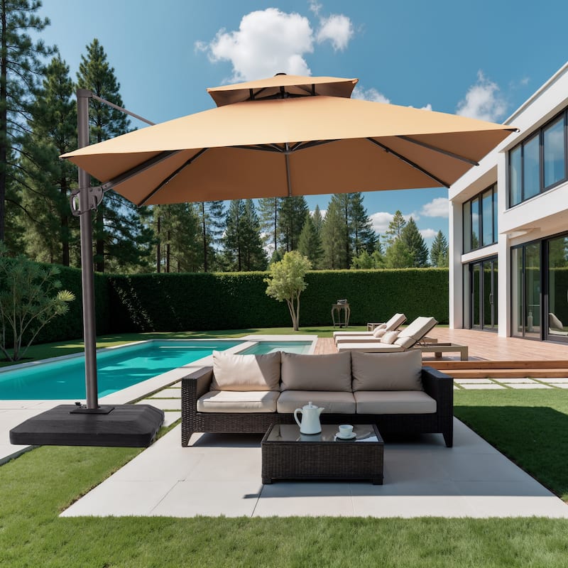 10FT Outdoor Square Patio Cantilever-Offset Umbrella with Base Stand - Tan