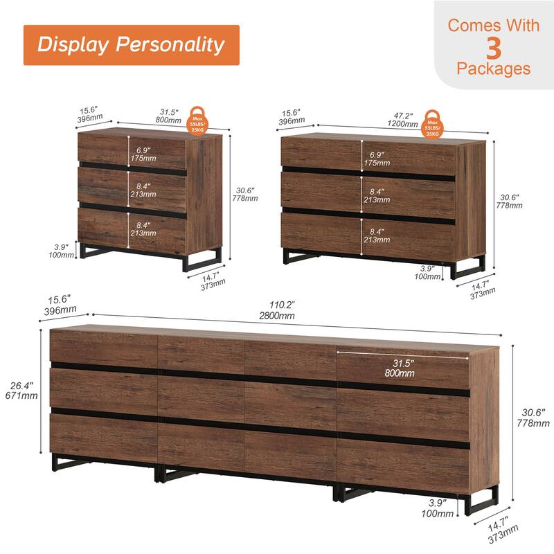 WAMPAT 3 in 1 Multifunctional Dresser with Glass Doors and 5 Drawers, Modern Chest of Drawers for Bedroom