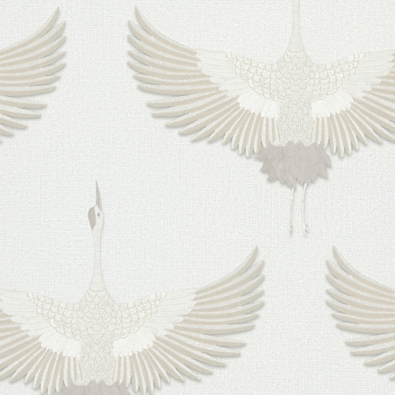 Galerie Wallcoverings Kumano Textured Stork Design Vinyl on Non-woven Pearlescent Wallpaper Roll - 33 feet x 21 inches - Off White