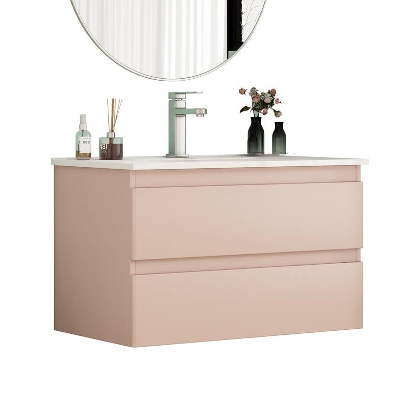 32 Inch Floating Bathroom Vanity with One-piece Ceramic Sink, Wall Mounted Cabinet with 2 Drawers