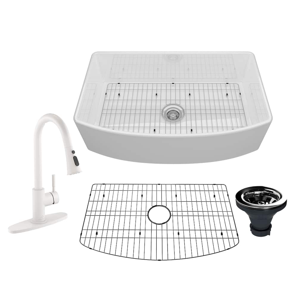 All-in-One Fireclay Curved Design Single Bowl Farmhouse/Apron-Front Kitchen Sink with Pull Down Kitchen Faucet and Accessories
