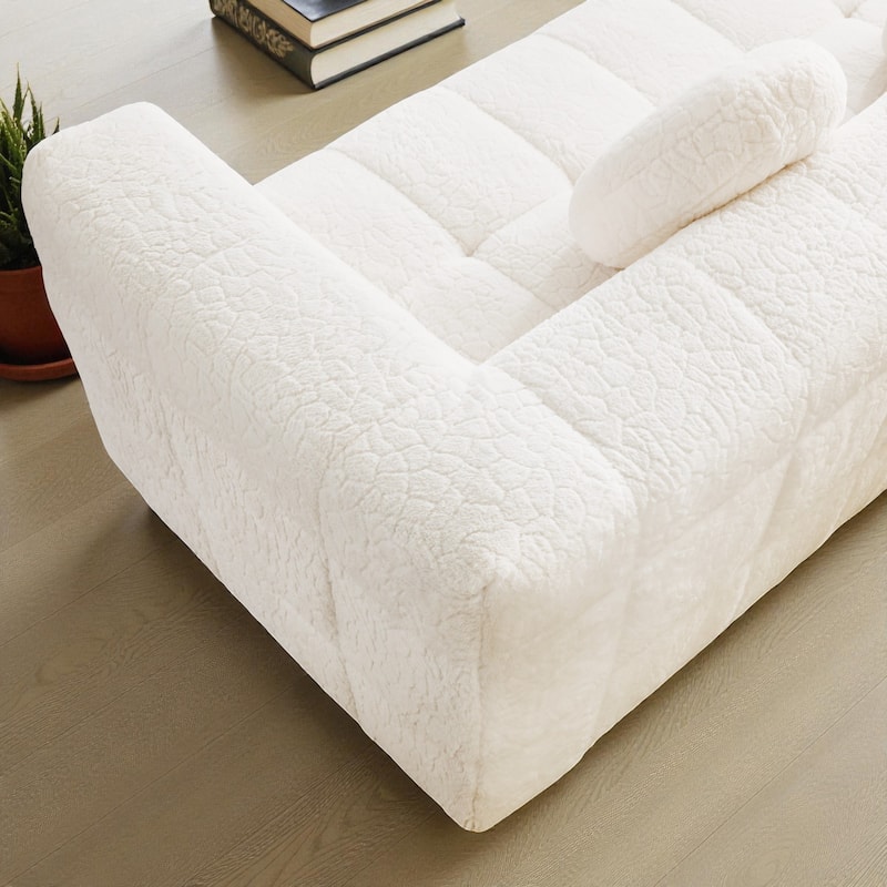 84.6" Modern Boneless Cloud Sofa, Lychee-Textured Long-Pile Polyester 3-Seater Couch with Checkered Design and Round Pillows
