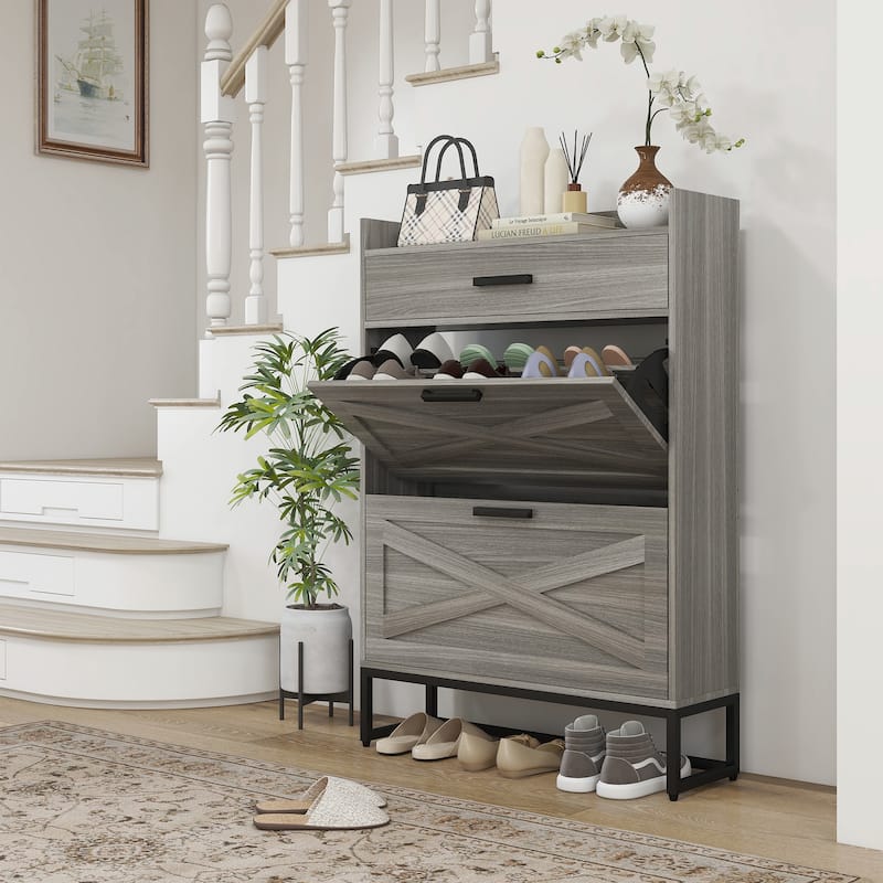 HOMCOM 2 Flip Drawers Shoe Storage Cabinet with Adjustable Shelves, and Top Drawer - Grey