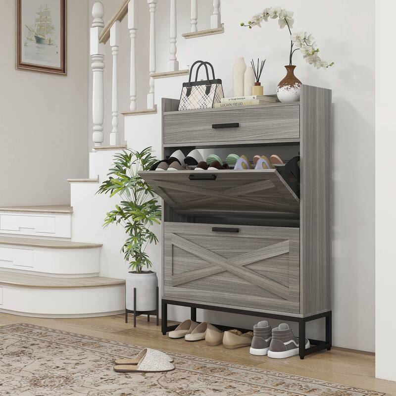 Narrow Shoe Storage Cabinet with 2 Flip Drawers, Adjustable Shelves, and Top Drawer for 12 Pairs, Ideal for Hallway Entryway