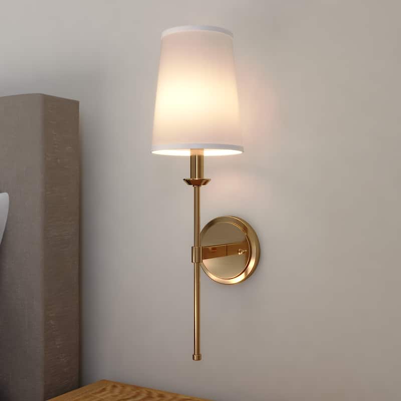 Camden 1 Light Wall Sconce Fixture White Linen Fabric Shade, LED Compatible - Natural Brass - 6-in W x 20.5-in H x 7.5-in D