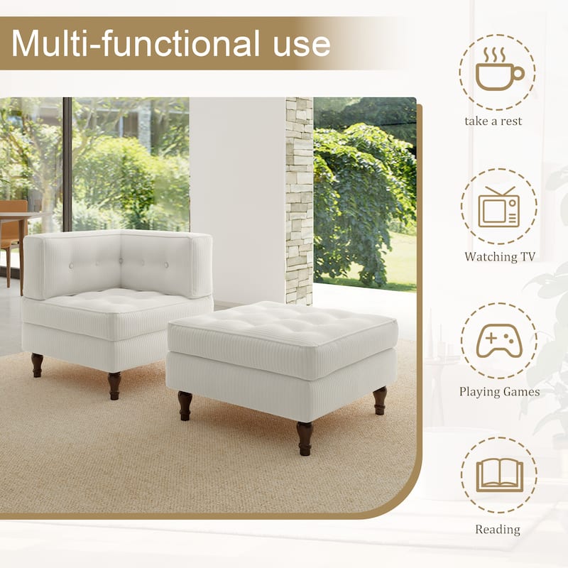 Corduroy Tufted Accent Chair Armchair and Ottoman Set