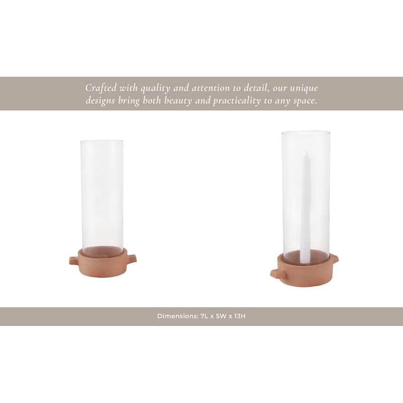 Pottery Glass Pillar and Taper Holder Rustic Base and Hurricane Sleeve - 7" x 5" x 13"