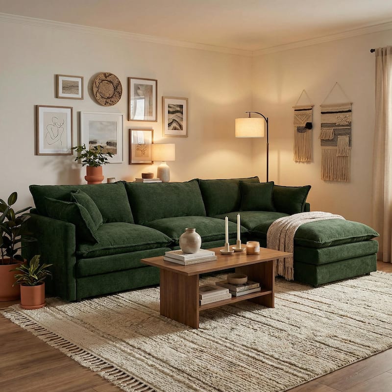 Homy Casa 102" L-Shaped Modular Sectional Sofa Movable Ottoman, Cloud-Style Chenille Couch, DIY Combination for Living Room Tray