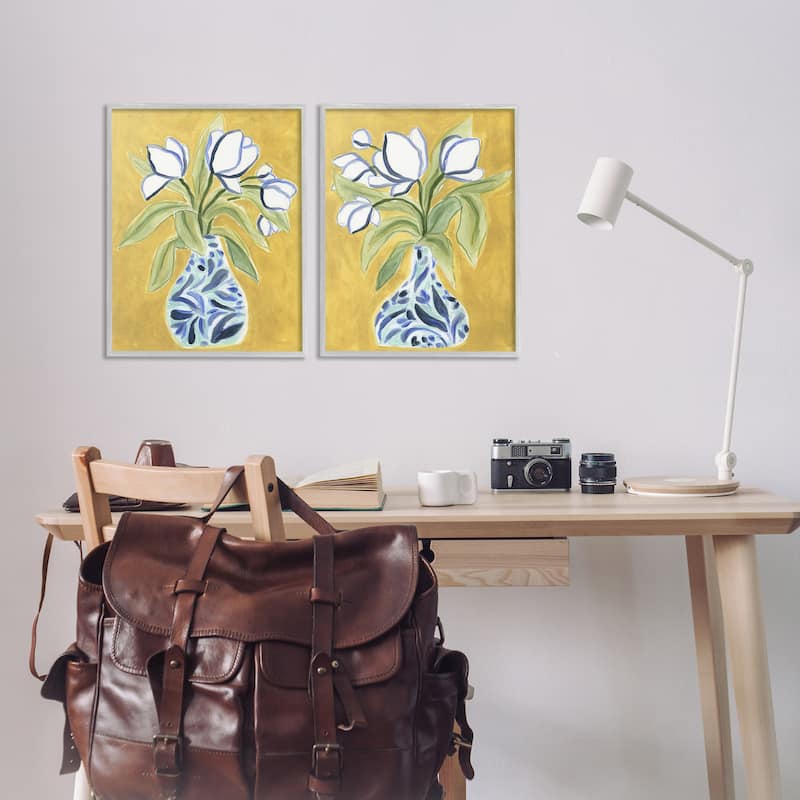 Stupell Tulip Vases on Yellow Framed Giclee Art Design By June Erica Vess (Set of 2)