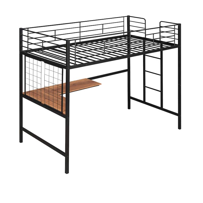 Twin Metal Loft Bed with Desk and Metal Grid - Black